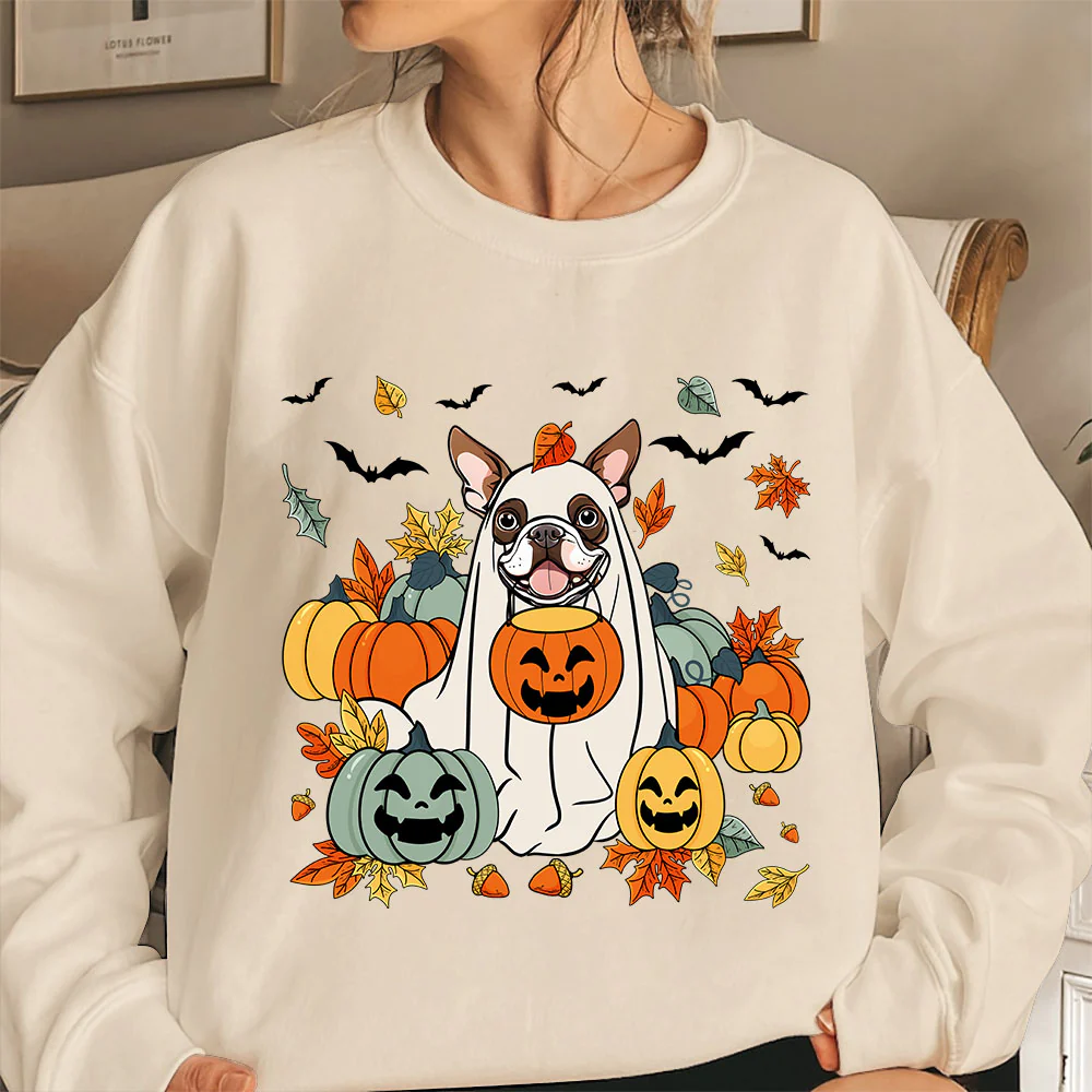 Boston Terrier Sweatshirt, Spooky Dog Pumpkin Stack Boston Shirt, Boston Terrier Halloween Sweatshirt - Image 4