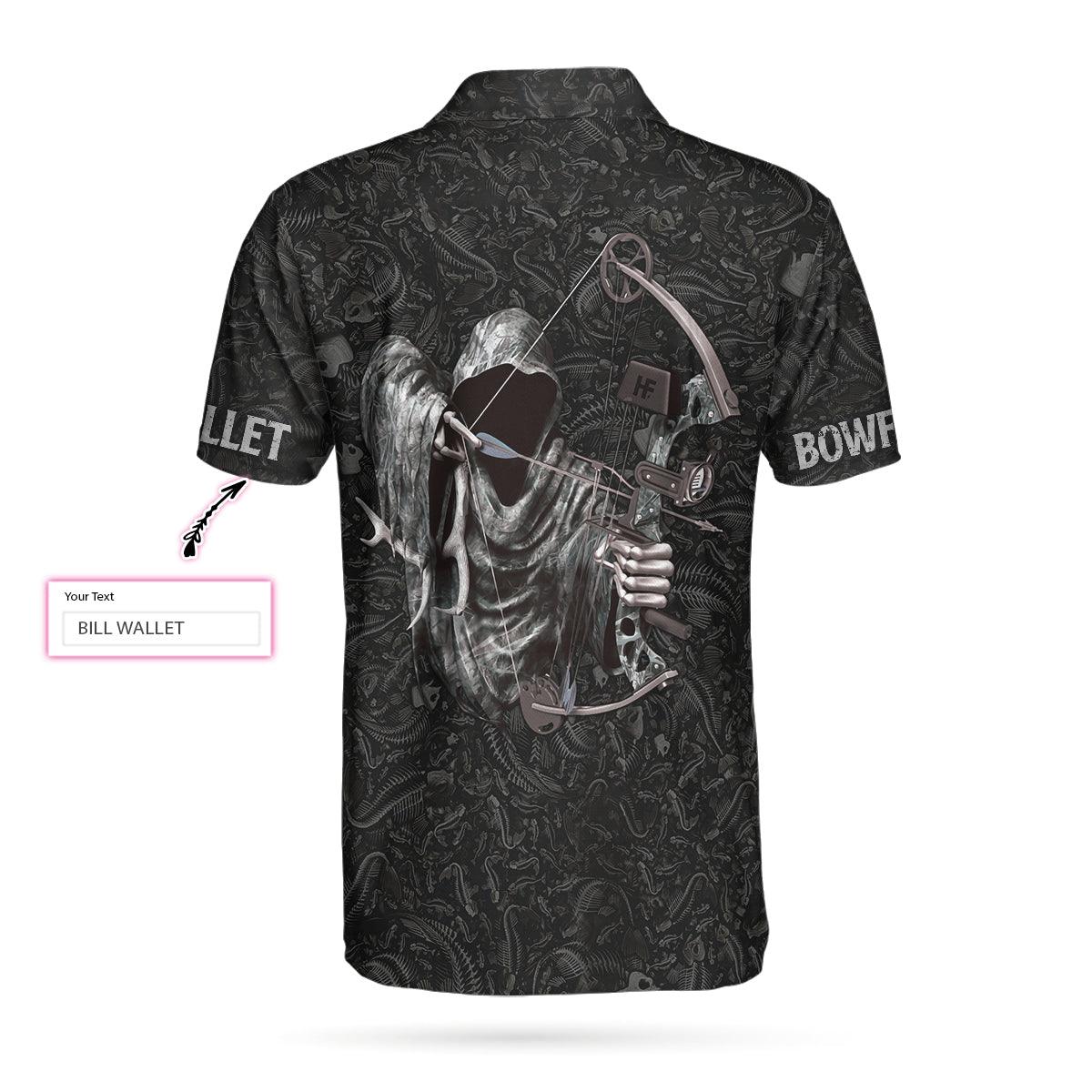 Bowfishing Polo Shirt For Men, Who Has 2 Thumbs And Loves Bowfishing Custom, Fish Skeleton Pattern Archer Reaper Polo Shirt, Best Fishing Shirt For Men - Image 3