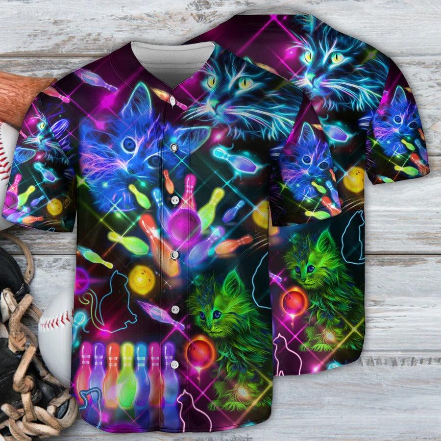 Bowling Baseball Jersey, Bowling Cat Neon Baseball Jersey For Men And Women - Perfect Gift For Bowling Lovers, Cat Lovers