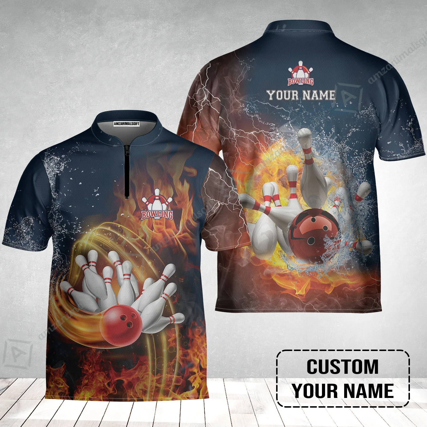 Bowling Custom Bowling Jersey - Custom Name Red Bowl And Pins In Water And Fire Personalized Bowling Jersey - Image 2