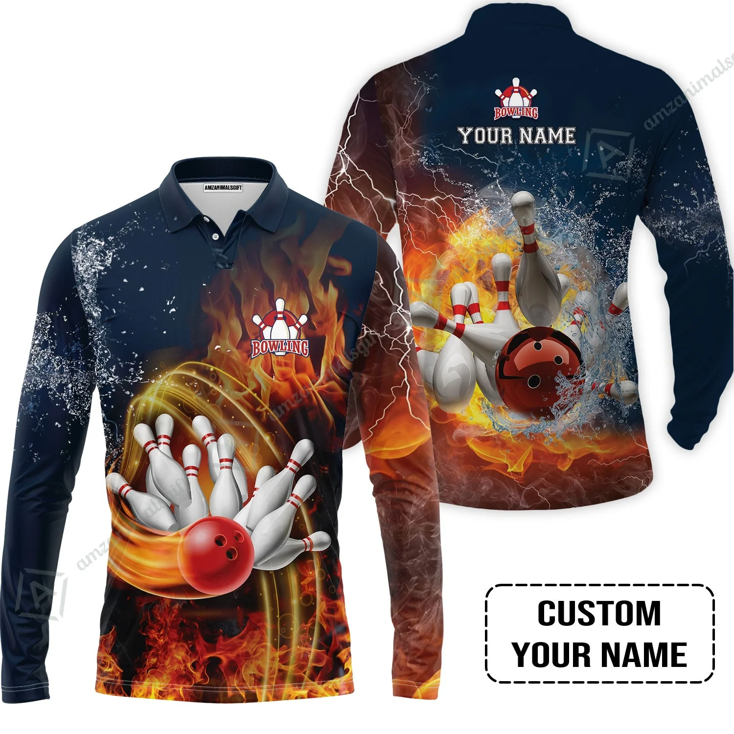 Bowling Custom Long Polo Shirt - Custom Name Red Bowl And Pins In Water And Fire Personalized Bowling Long Polo Shirt