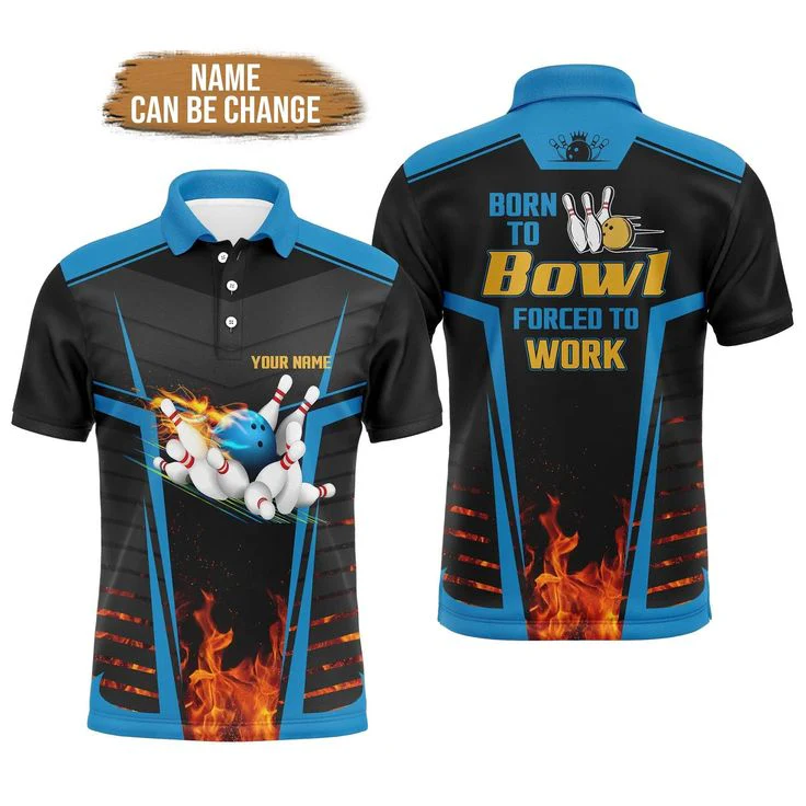 Bowling Custom Men Polo Shirt - Custom Born To Bowl Forced To Work, Flame Bowlers Personalized Bowling Polo Shirt - Perfect Gift For Friend, Family - Image 2