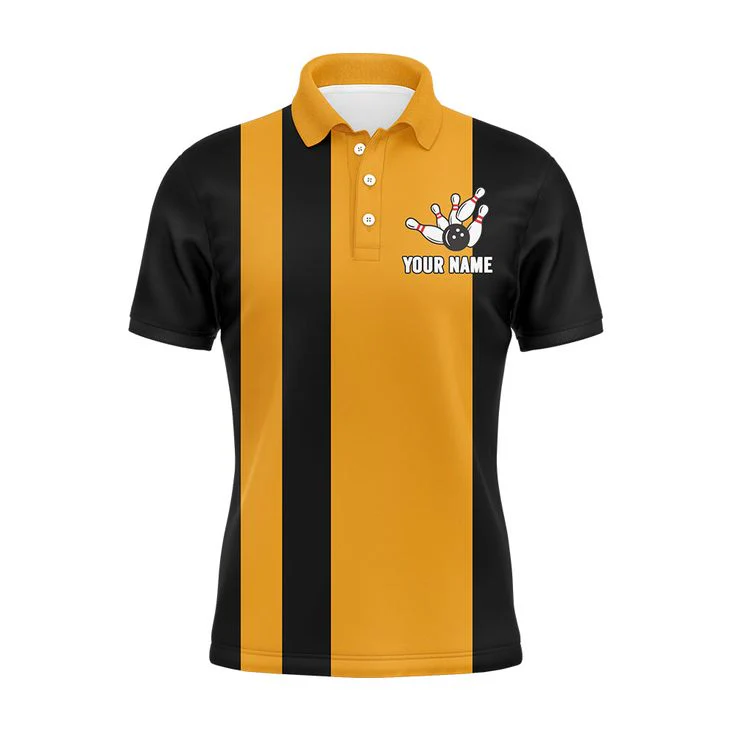 Bowling Custom Men Polo Shirt - Custom Bowling Shirt for Men, Vintage Yellow & Black Personalized Bowling Polo Shirt - Perfect Gift For Friend, Family - Image 2