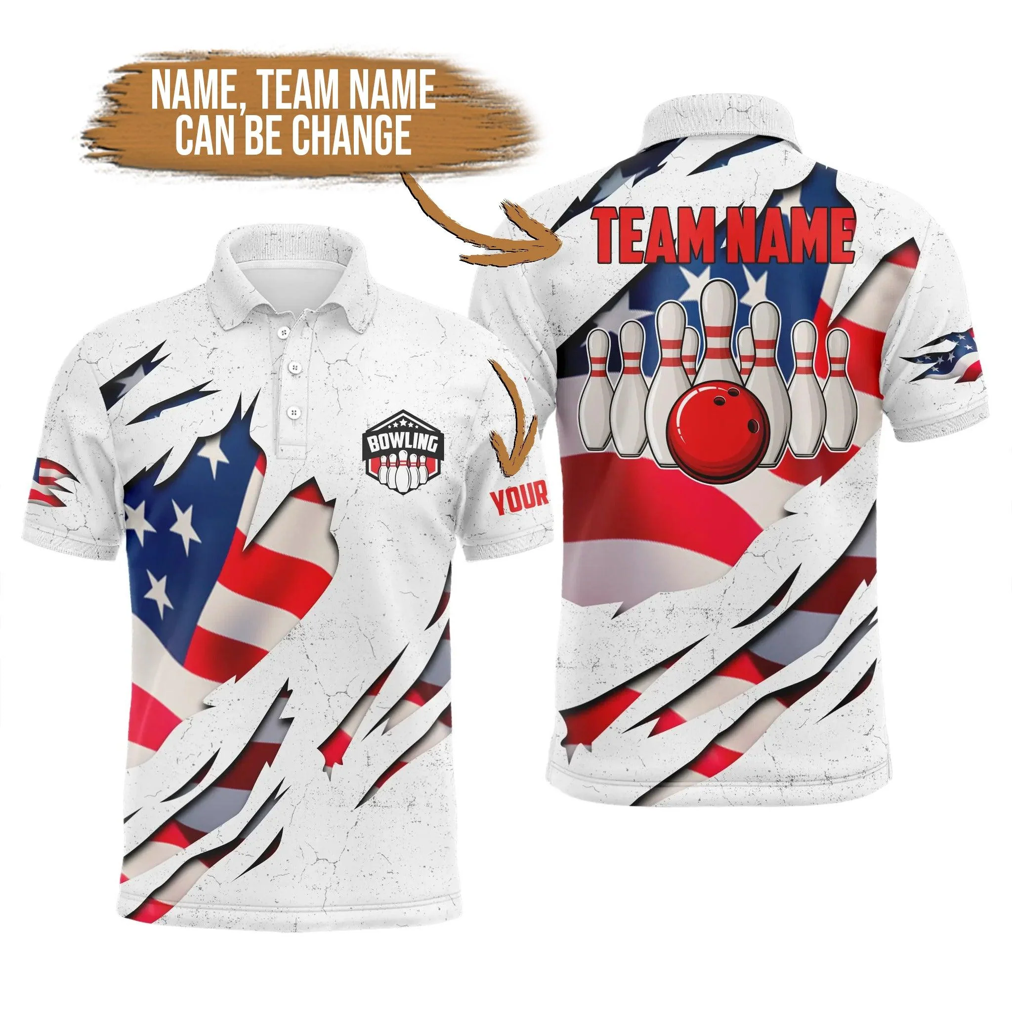 Bowling Custom Men Polo Shirt - Custom Name American Flag Patriotic Bowling Ball & Pins White Personalized Bowling Polo Shirt - Perfect Gift For Friend, Family