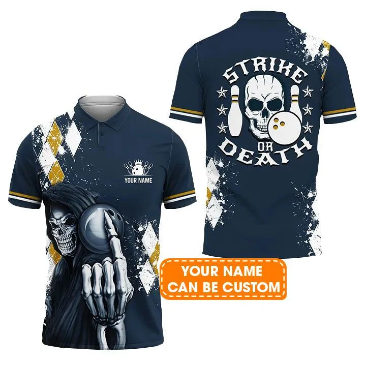Bowling Custom Men Polo Shirt - Custom Name Blue Bowling Strike Or Death Personalized Bowling Polo Shirt - Perfect Gift For Friend, Family - Image 2