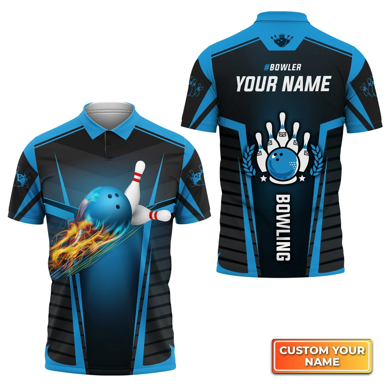Bowling Custom Men Polo Shirt - Custom Name Bowler The Blue Bowling Ball in Flames Breaks White Skittles Personalized Bowling Polo Shirt - Perfect Gift For Friend, Family - Image 3