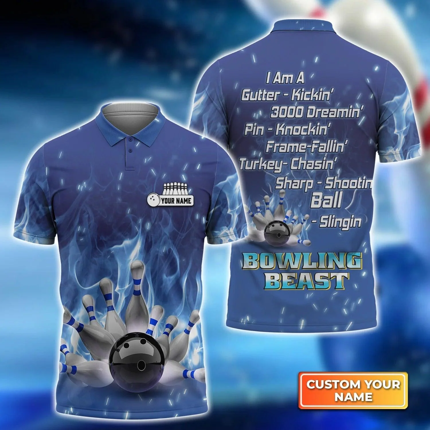Bowling Custom Men Polo Shirt - Custom Name Bowling On Blue Fire Bowling Beast Personalized Bowling Polo Shirt - Perfect Gift For Friend, Family