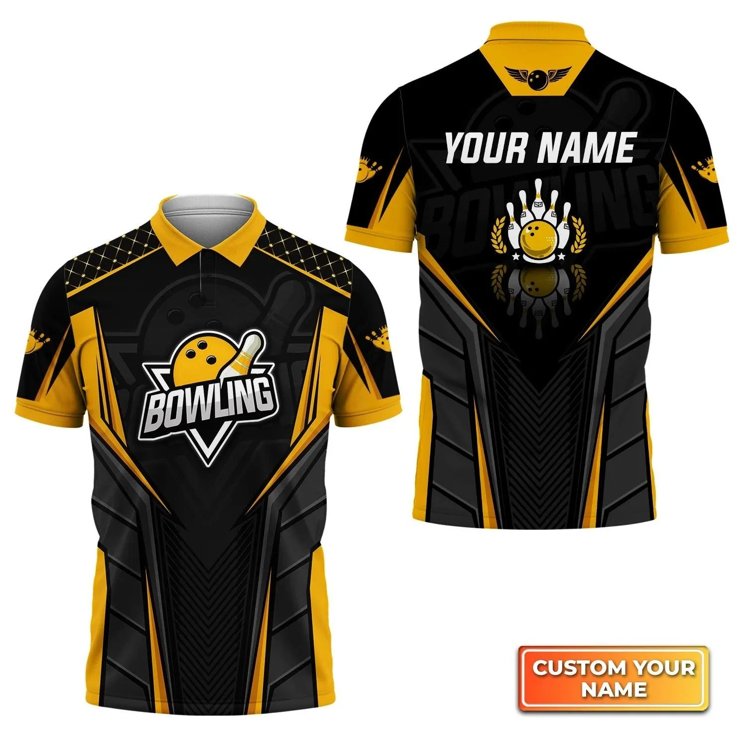 Bowling Custom Men Polo Shirt - Custom Name Bowling Pin And Bowl Ball Yellow Personalized Bowling Polo Shirt - Perfect Gift For Friend, Family
