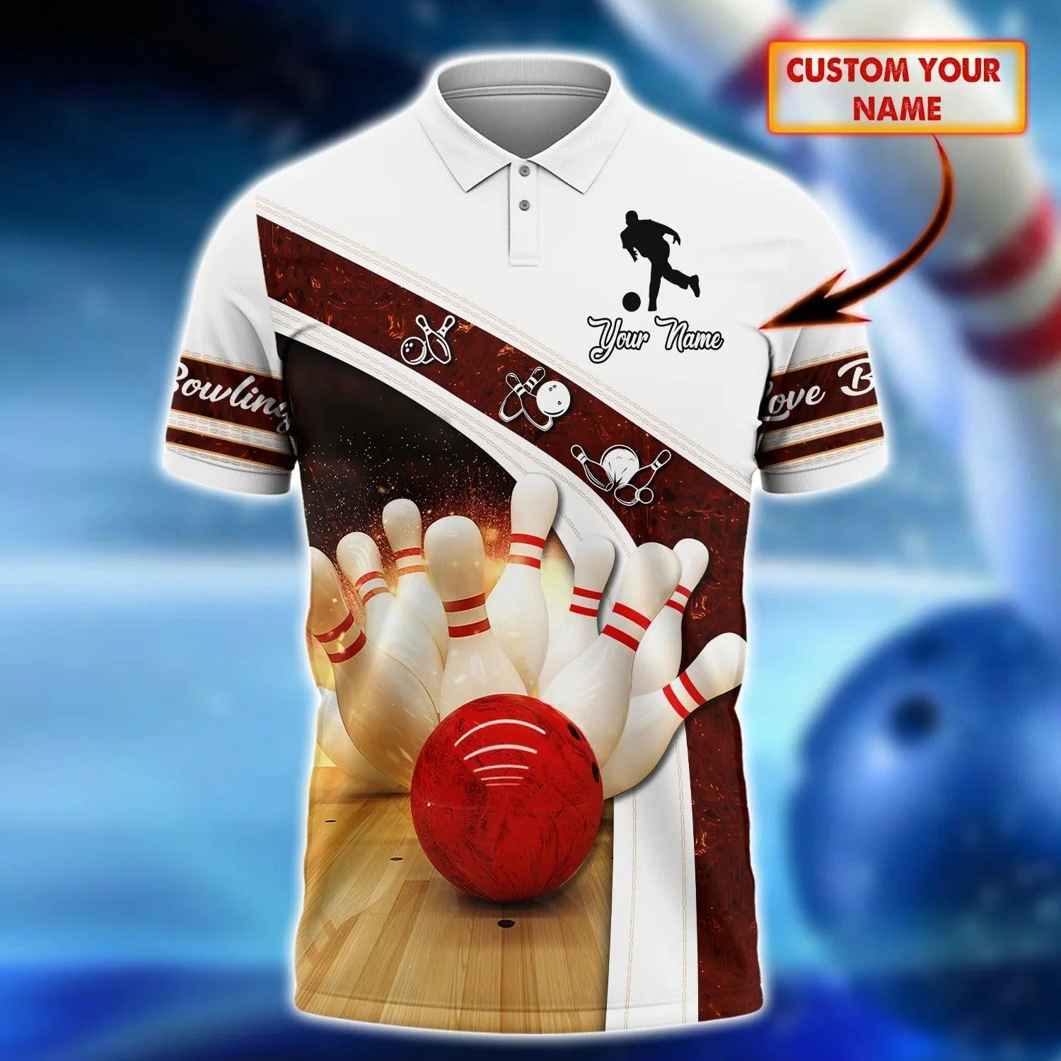 Bowling Custom Men Polo Shirt - Custom Name Bowling Strike Hit With Fire Explosion Personalized Bowling Polo Shirt - Perfect Gift For Friend, Family