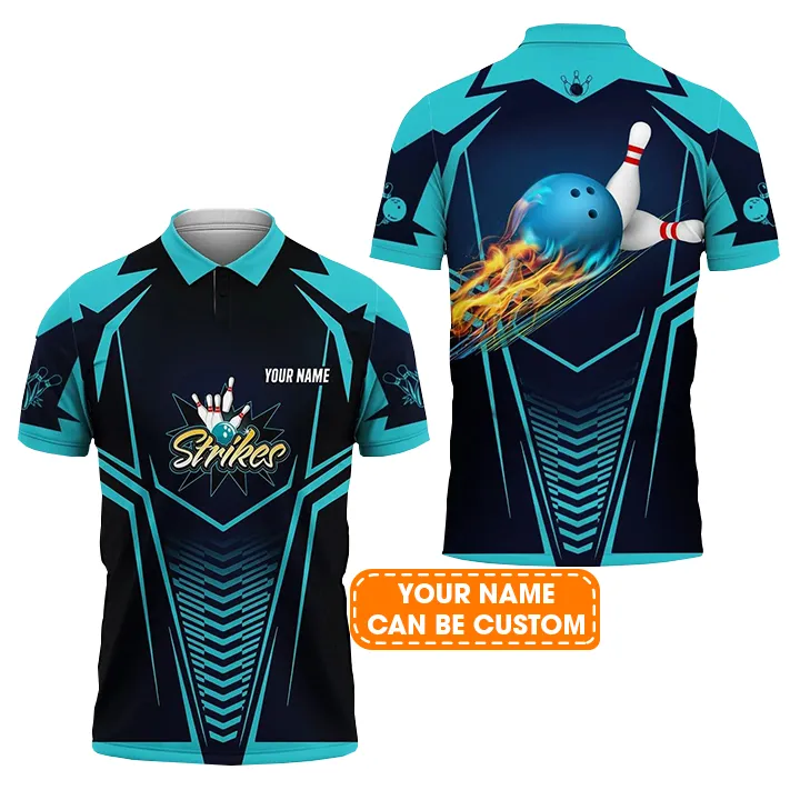 Bowling Custom Men Polo Shirt - Custom Name Bowling Strikes Blue Bowling Ball Crashing The Pins Personalized Bowling Polo Shirt - Perfect Gift For Friend, Family - Image 2