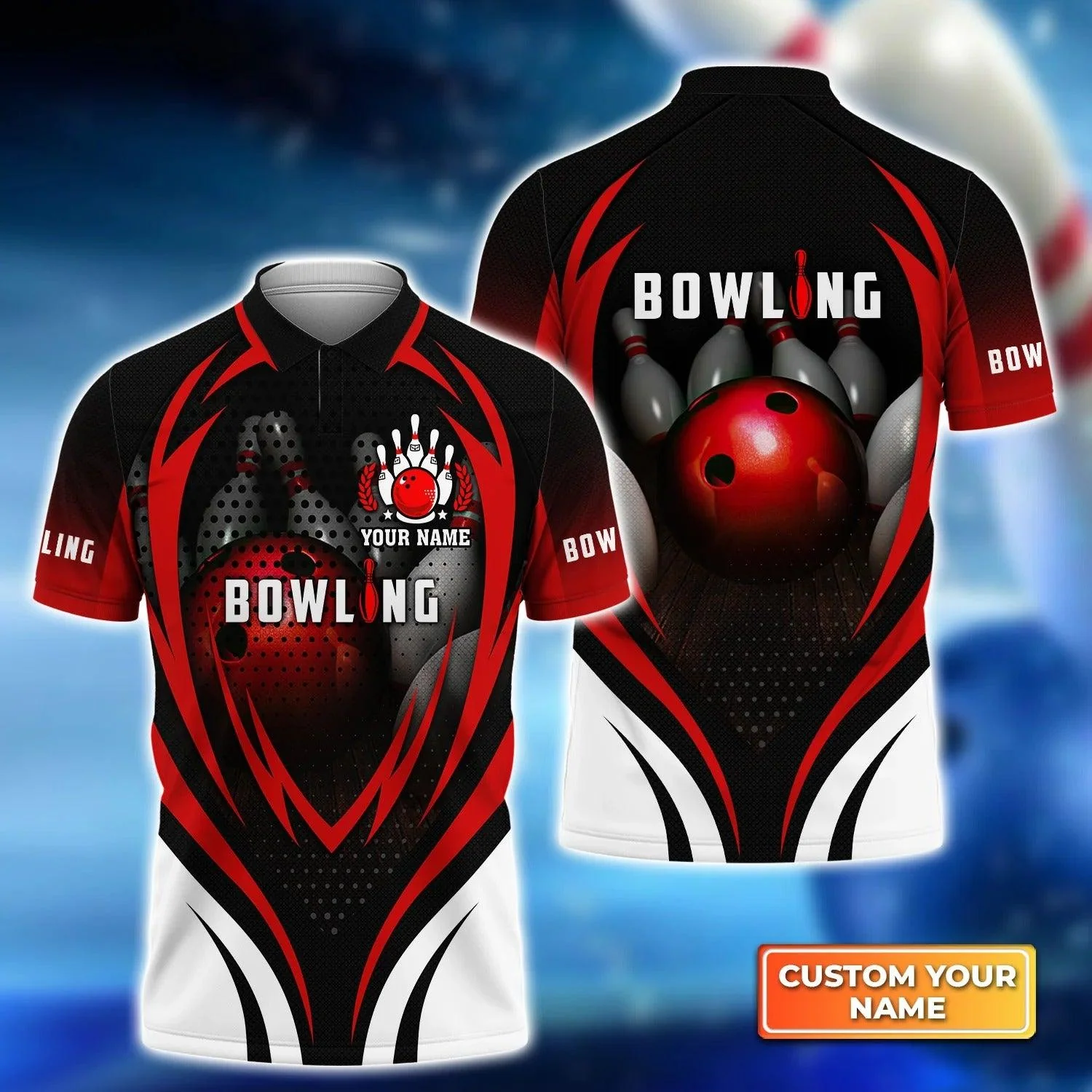 Bowling Custom Men Polo Shirt - Custom Name Bowling With Red Ball and Bowl Pins Personalized Bowling Polo Shirt - Perfect Gift For Friend, Family - Image 2