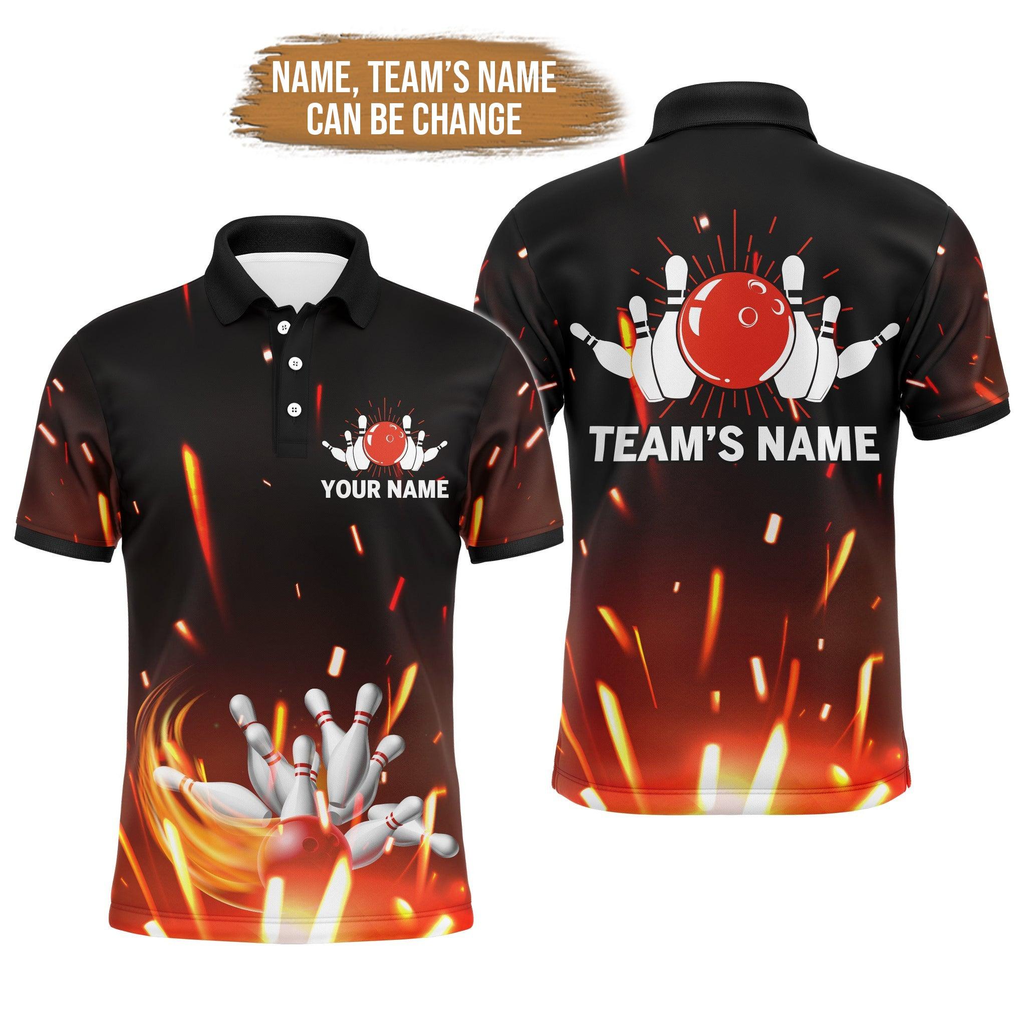 Bowling Custom Men Polo Shirt - Custom Name Flame Bowling Ball and Pins Personalized Bowling Polo Shirt - Gift For Friend, Family