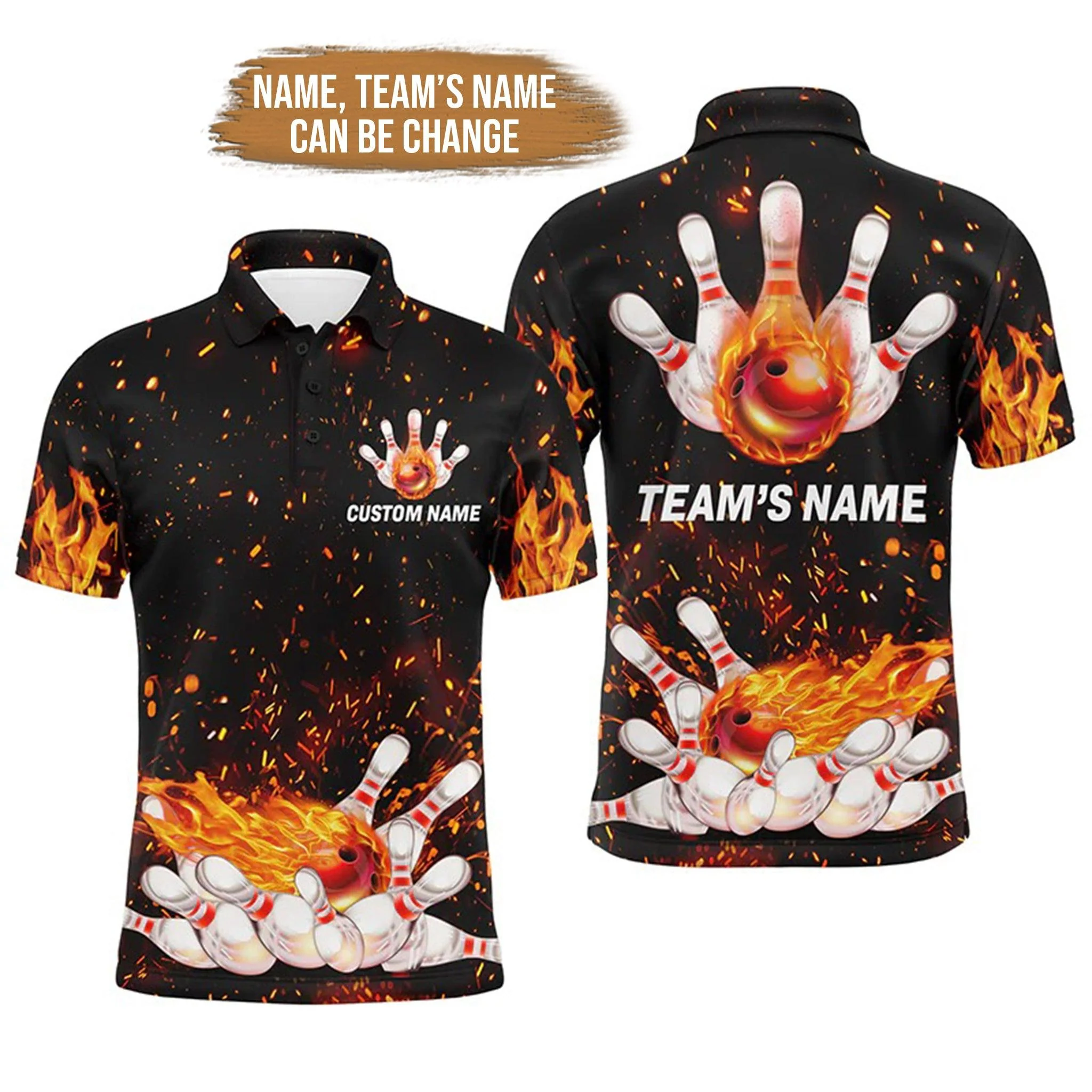 Bowling Custom Men Polo Shirt - Custom Name Flame Personalized Bowling Polo Shirt - Gift For Friend, Family