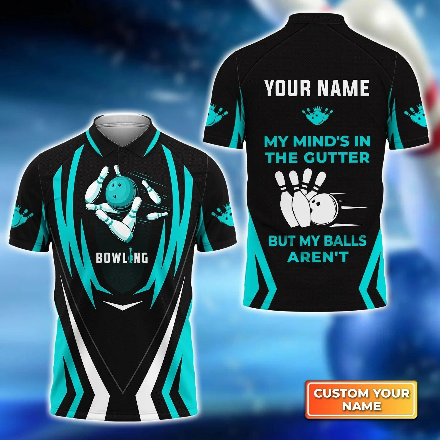Bowling Custom Men Polo Shirt - Custom Name Light Blue Bowling My Mind's In The Gutter Personalized Bowling Polo Shirt - Perfect Gift For Friend, Family - Image 2