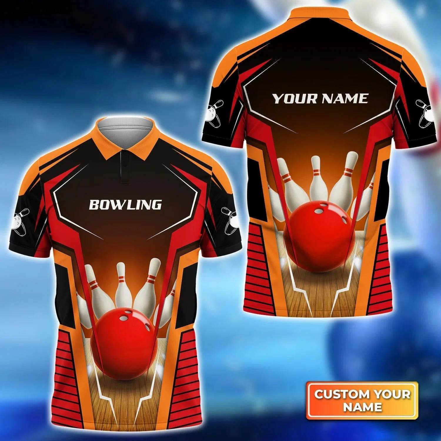Bowling Custom Men Polo Shirt - Custom Name Mens Bowl Pin And Red Bowling Ball Personalized Bowling Polo Shirt - Perfect Gift For Friend, Family