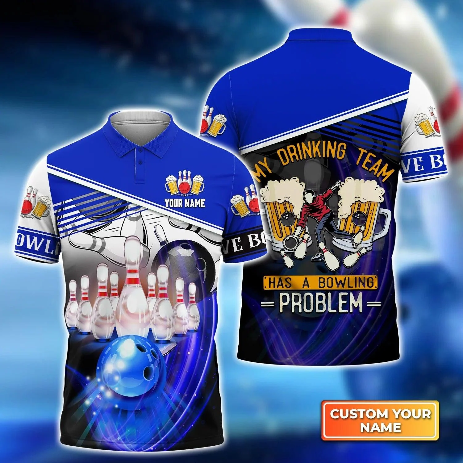 Bowling Custom Men Polo Shirt - Custom Name My Drinking Team Blue Bowling Ball Crashing Into Pins Personalized Bowling Polo Shirt - Perfect Gift For Friend, Family