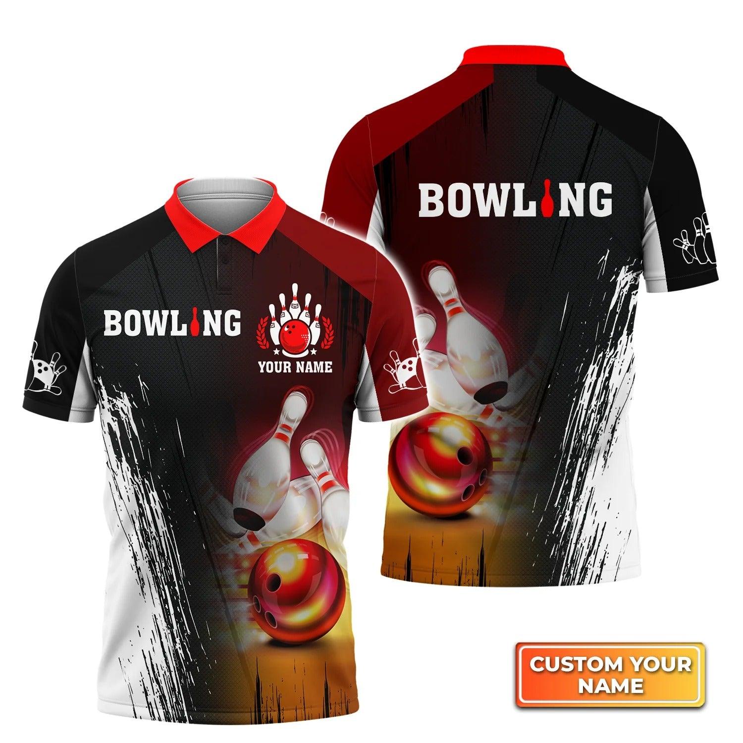 Bowling Custom Men Polo Shirt - Custom Name Red Bowling Ball Crashing Pins Personalized Bowling Polo Shirt - Perfect Gift For Friend, Family