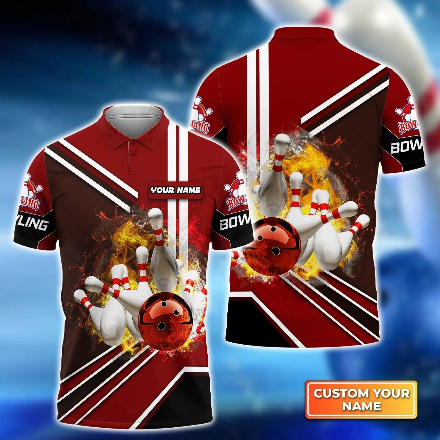 Bowling Custom Men Polo Shirt - Custom Name Red Bowling Ball On Fire Crashing Pins Personalized Bowling Polo Shirt - Perfect Gift For Friend, Family - Image 2