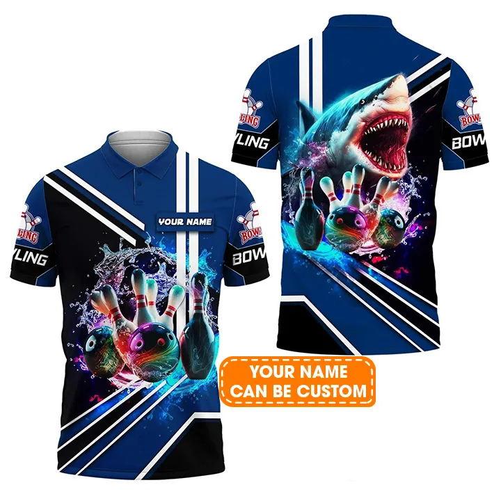Bowling Custom Men Polo Shirt - Custom Name Shark Team Rainbow Bowling Ball And Pins On Water Personalized Bowling Polo Shirt - Perfect Gift For Friend, Family - Image 2