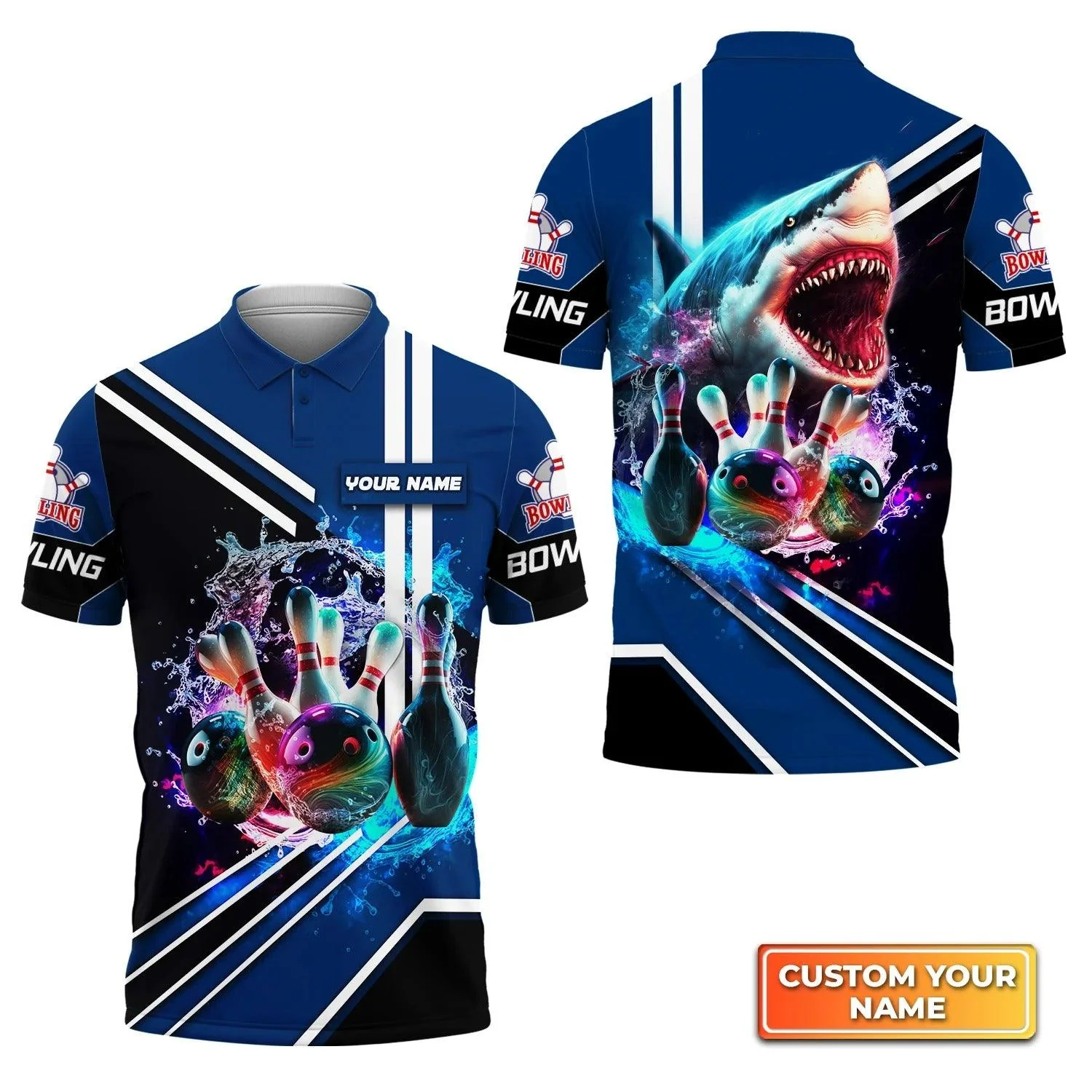 Bowling Custom Men Polo Shirt - Custom Name Shark Team Rainbow Bowling Ball And Pins On Water Personalized Bowling Polo Shirt - Perfect Gift For Friend, Family - Image 3