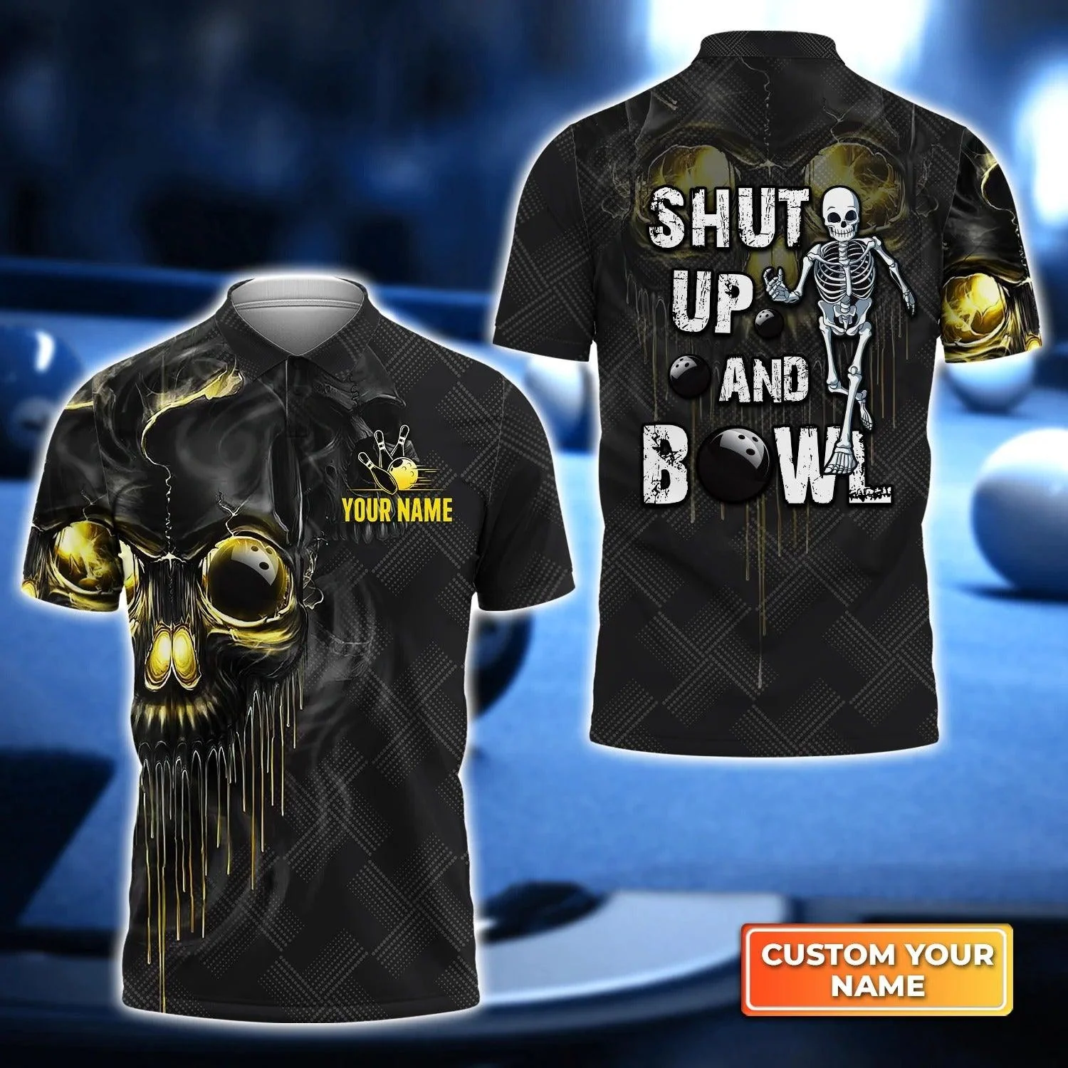 Bowling Custom Men Polo Shirt - Custom Name Shut Up And Bowl Golden Skull Personalized Bowling Polo Shirt - Perfect Gift For Friend, Family - Image 2
