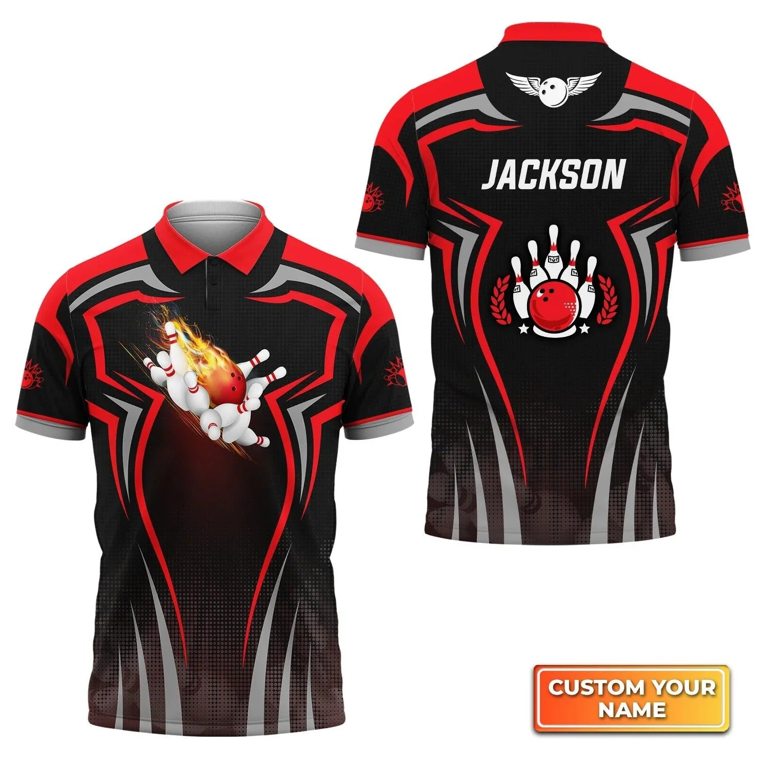 Bowling Custom Men Polo Shirt - Custom Name The Red Bowling Ball Crashing The Pins Personalized Bowling Polo Shirt - Perfect Gift For Friend, Family