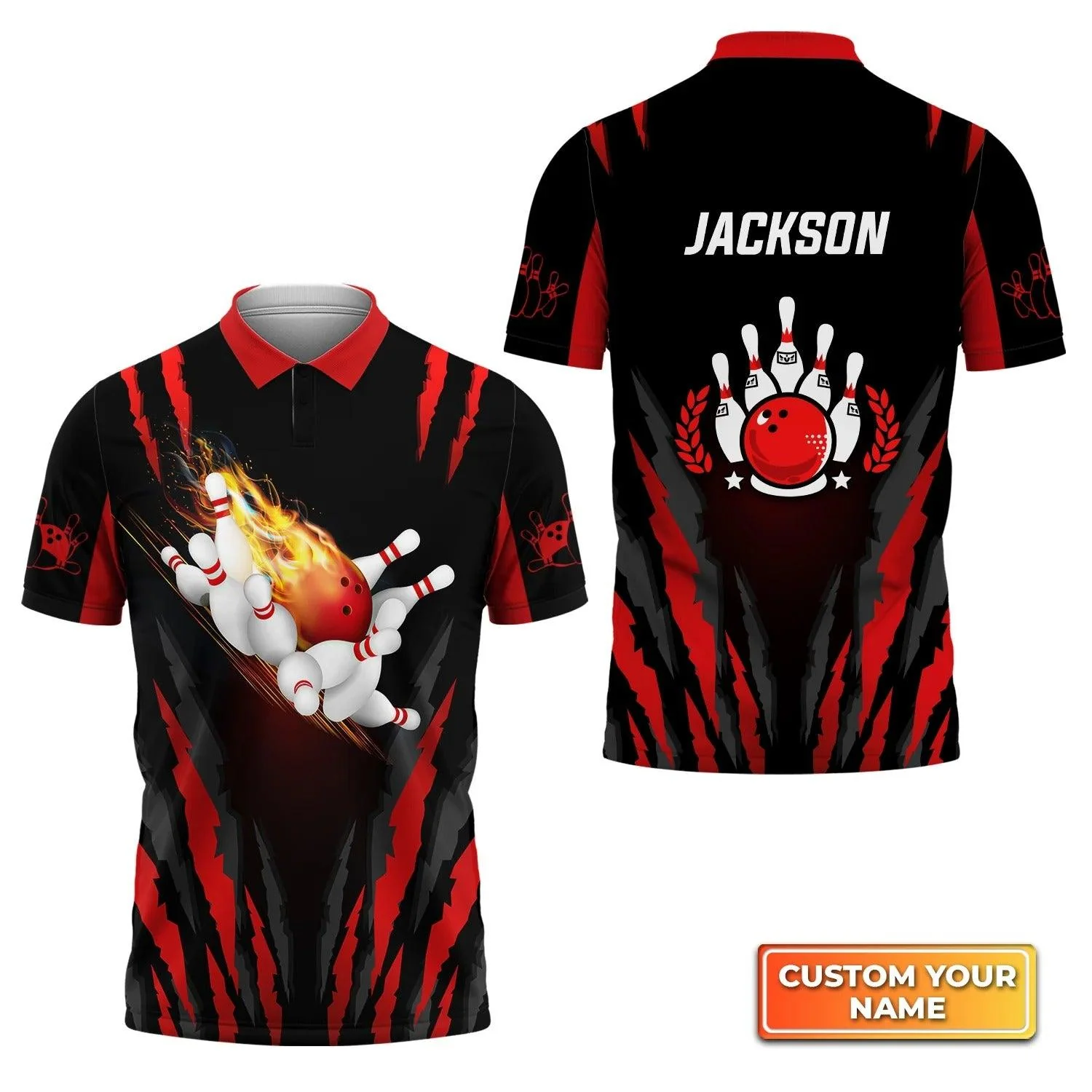 Bowling Custom Men Polo Shirt - Custom Name The Red Bowling Ball in Flames Breaks White Skittles Personalized Bowling Polo Shirt - Perfect Gift For Friend, Family