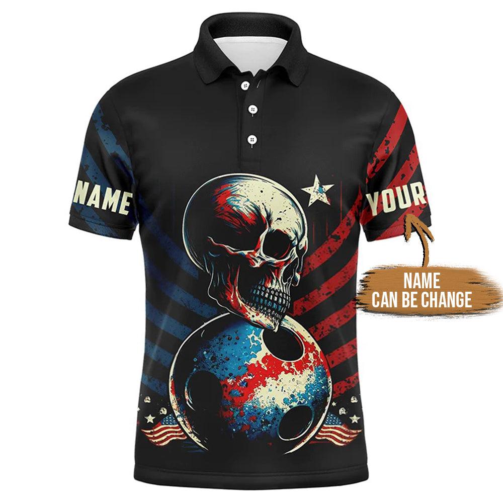 Bowling Custom Men Polo Shirt - Customize Vintage American Flag Skull Bowling Personalized Bowling Polo Shirt - Perfect Gift For Friend, Family