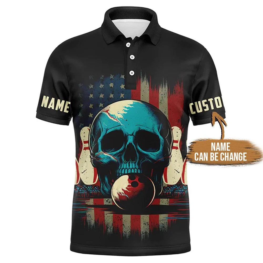 Bowling Custom Men Polo Shirt - Customized Name Skull Bowling, Vintage American Flag Bowler Personalized Bowling Polo Shirt - Perfect Gift For Friend, Family