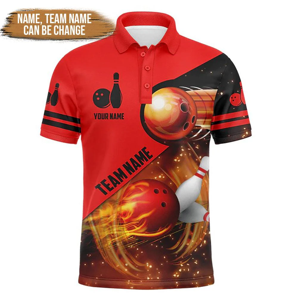 Bowling Custom Men Polo Shirt - Men polo shirt Custom Red Flame Bowling Shirts For Men Personalized Bowling Polo Shirt - Perfect Gift For Friend, Family