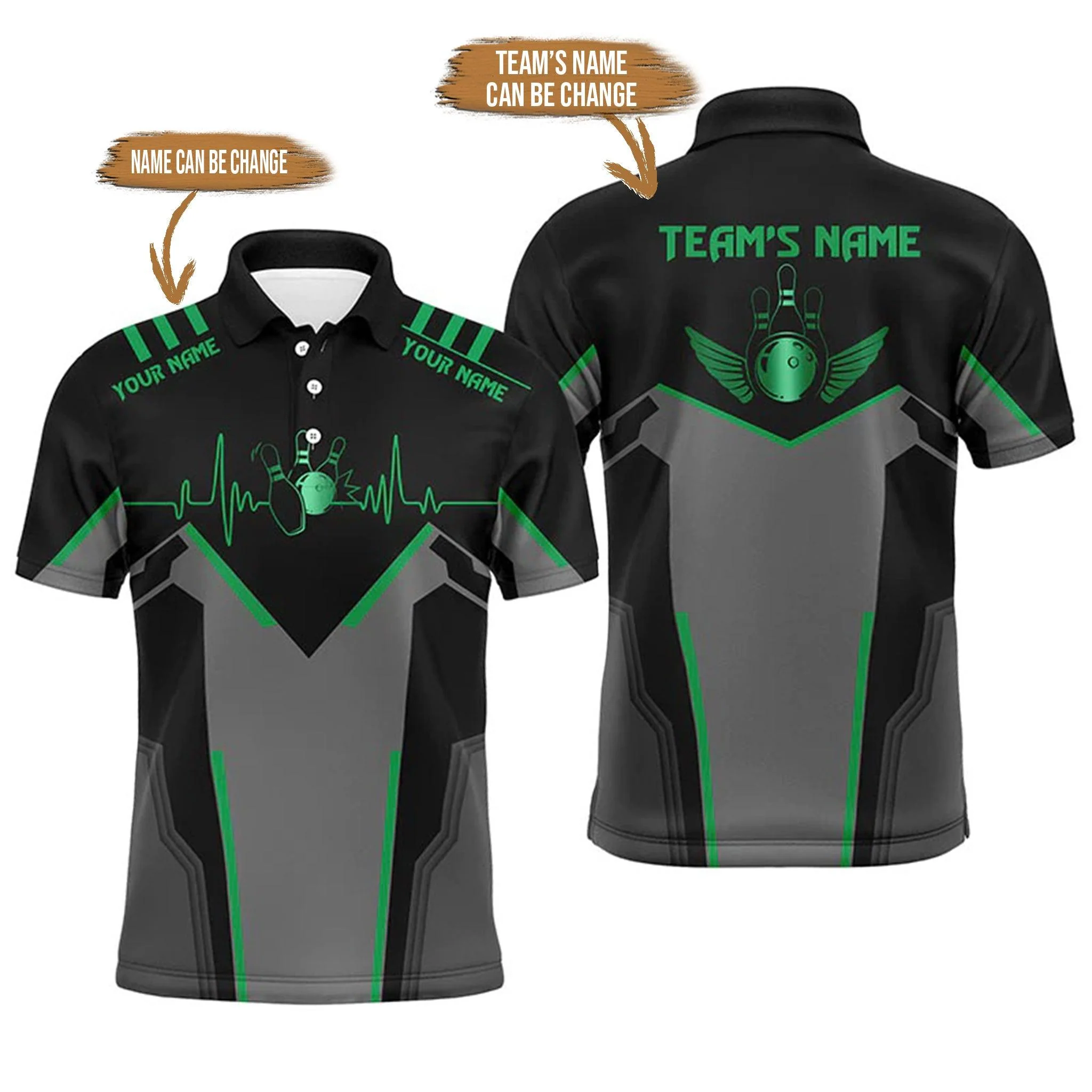 Bowling Custom Men Polo Shirt - Personalized Heartbeat Team Bowling Polo Shirt - Gift For Friend, Family