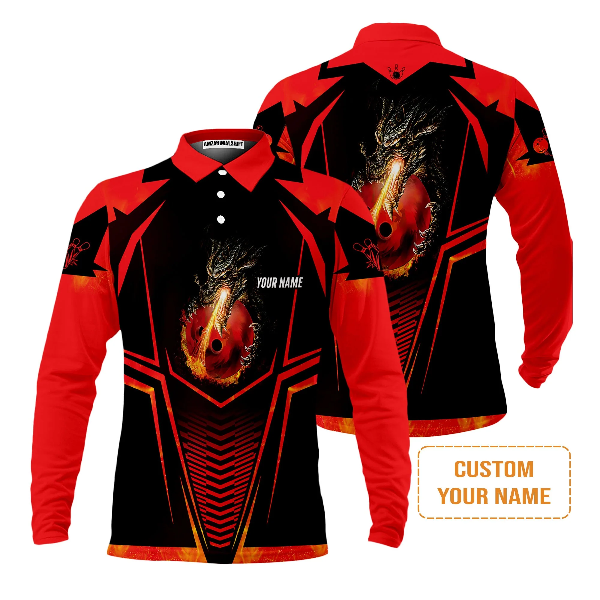 Bowling Custom Men's Long Sleeve Polo Shirt - Custom Name Dragon Fire Flame Personalized Bowling Long Sleeve Polo Shirt - Image 2