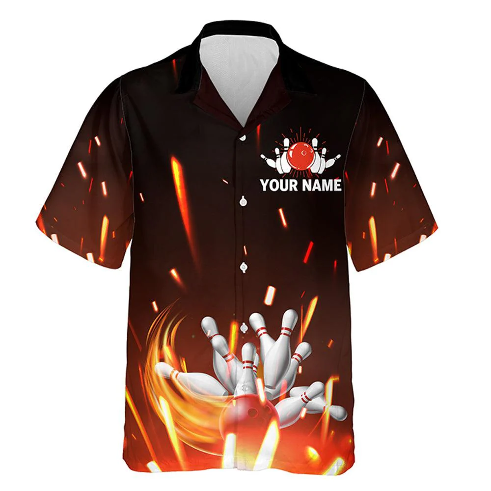 Bowling Custom Name And Team Name Hawaiian Shirt, Flame Bowling Ball and Pins Personalized Hawaiian Shirts For Men Women, Bowling Lovers, Bowlers - Image 2