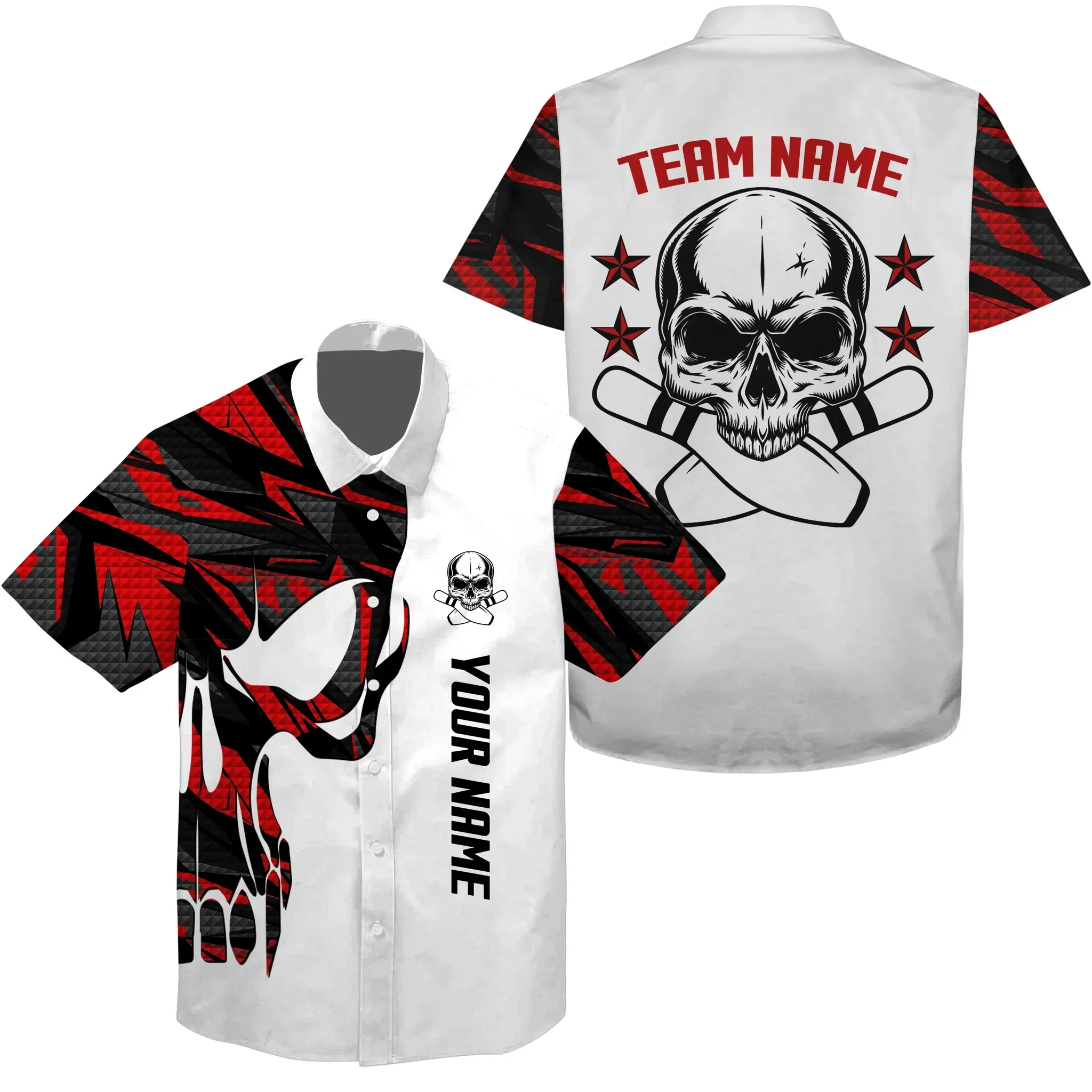 Bowling Custom Name And Team Name Hawaiian Shirt, Red Camo Skull Bowling Personalized Hawaiian Shirts For Men Women, Team, Bowling Lovers, Bowlers