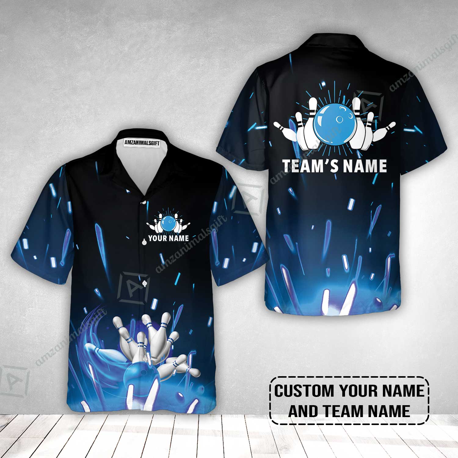 Bowling Custom Name Hawaiian Shirt - Blue Bowling Personalized Hawaiian Shirt - Gift For Friend, Family, Bowling Lovers - Image 2