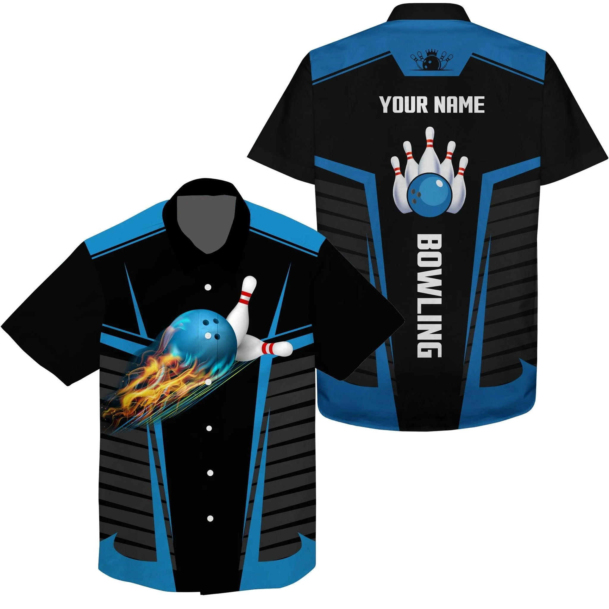 Bowling Custom Name Hawaiian Shirt, Flame Bowling Balls And Pins Black Blue Personalized Hawaiian Shirts For Men Women, Bowling Lovers, Team, Bowlers