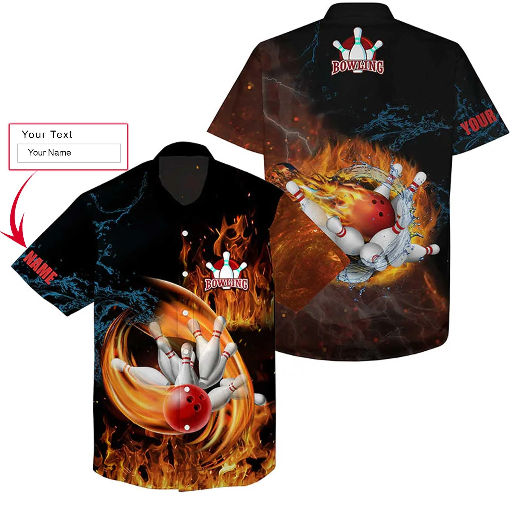 Bowling Custom Name Hawaiian Shirt, Flame Bowling Balls And Pins Personalized Hawaiian Shirts For Men Women, Bowling Lovers, Team, Bowlers
