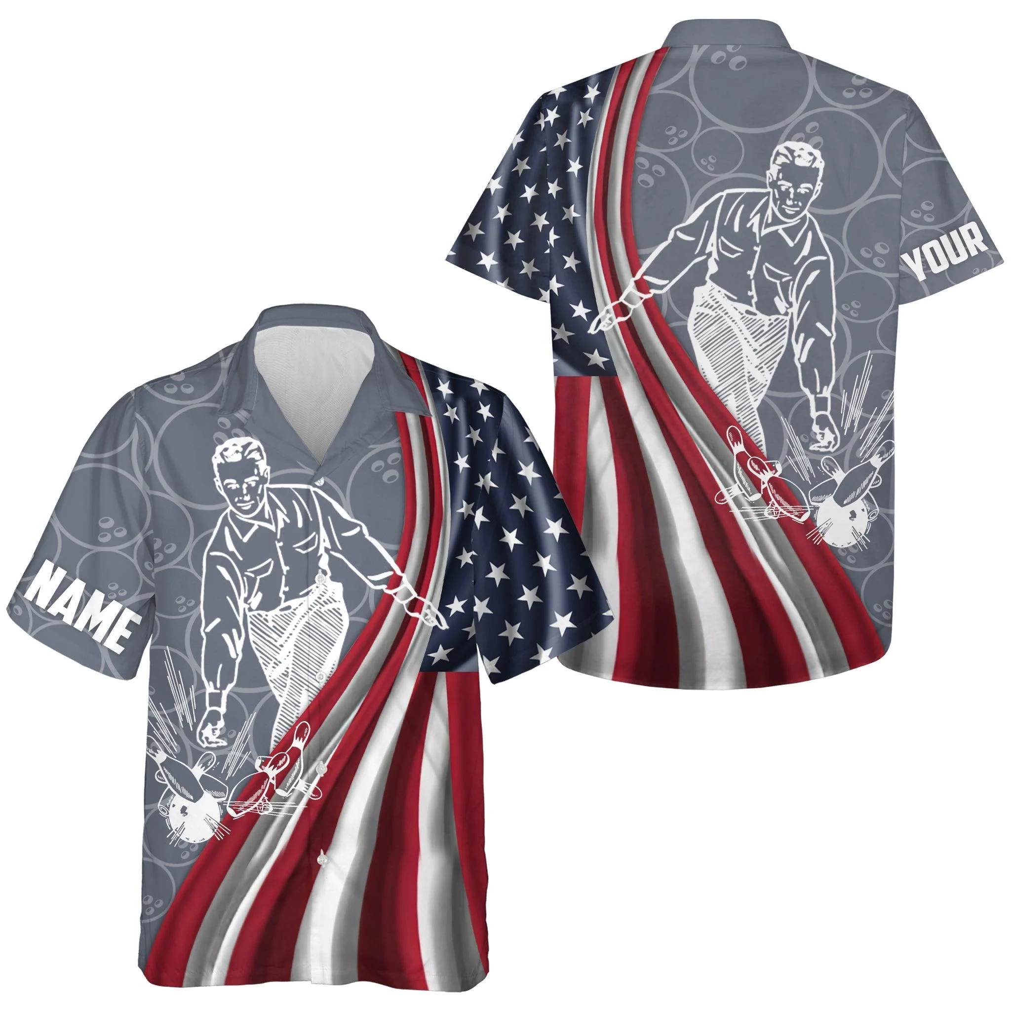 Bowling Custom Name Hawaiian Shirt, Patriotic American Flag Bowling Personalized Hawaiian Shirts For Men Women, Team, Bowling Lovers, Bowlers