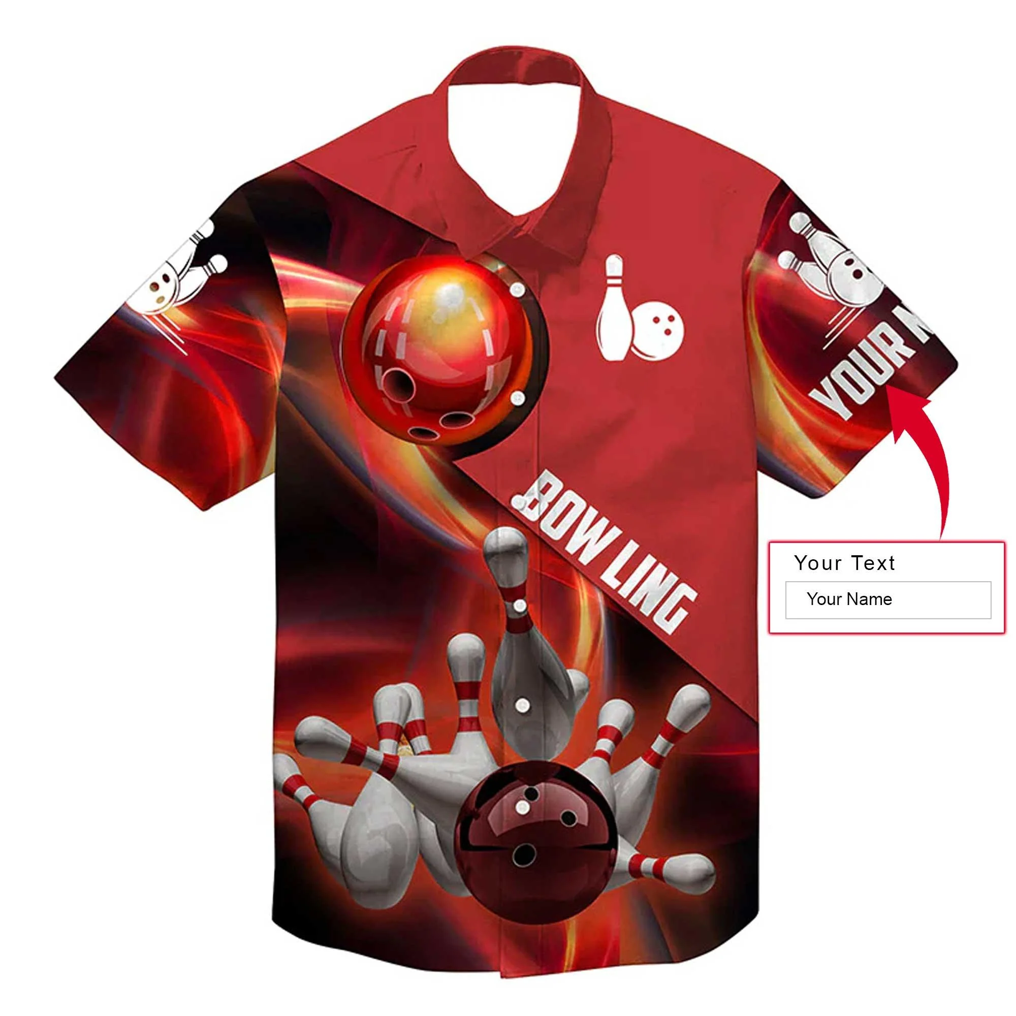 Bowling Custom Name Hawaiian Shirt, Red Flame Bowling Balls And Pins Personalized Hawaiian Shirts For Men Women, Bowling Lovers, Team, Bowlers