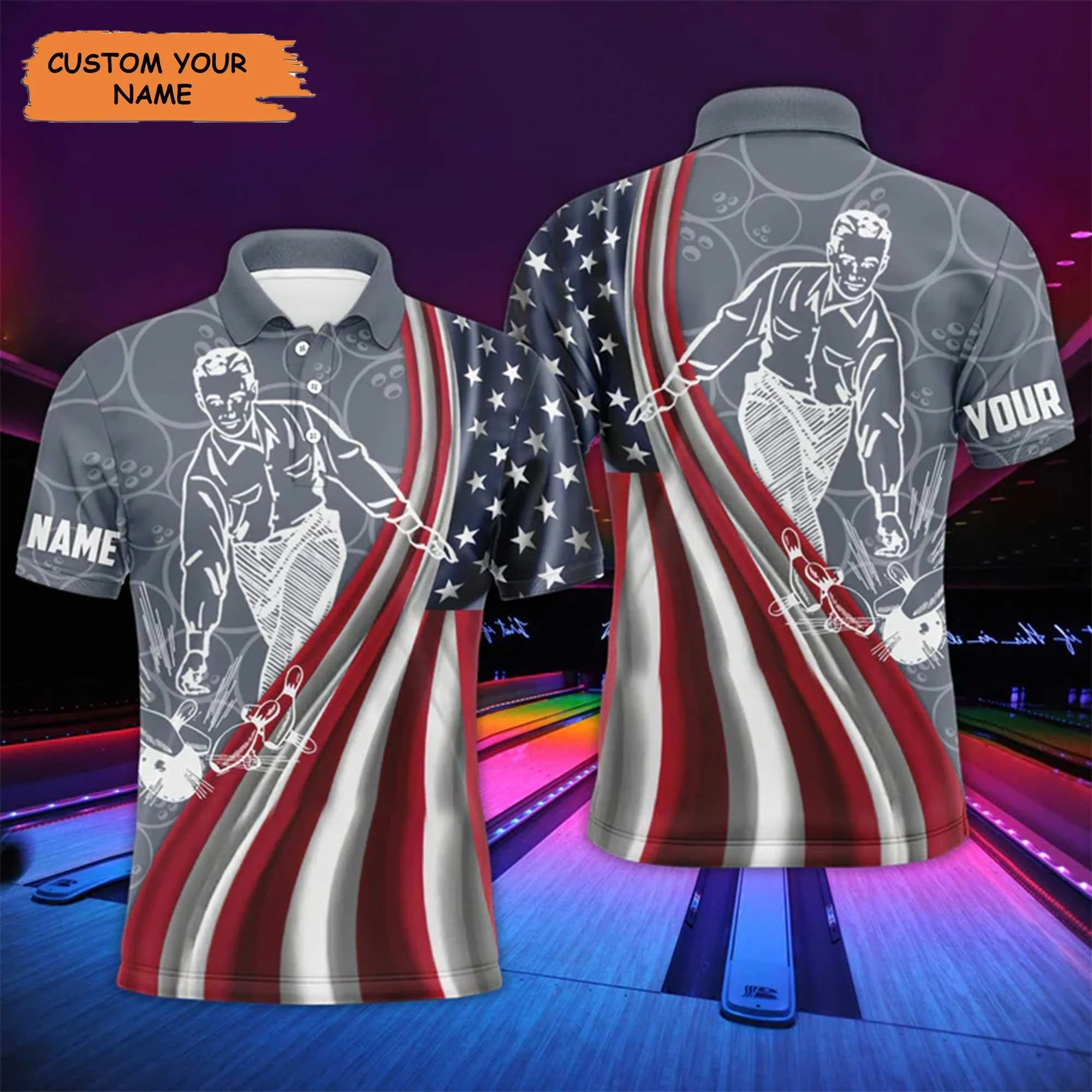 Bowling Custom Name Men Polo Shirt, Personalized Patriotic American Flag Independence Day Polo Shirts For Men, 4th Of July Gift For Bowling Lovers - Image 2