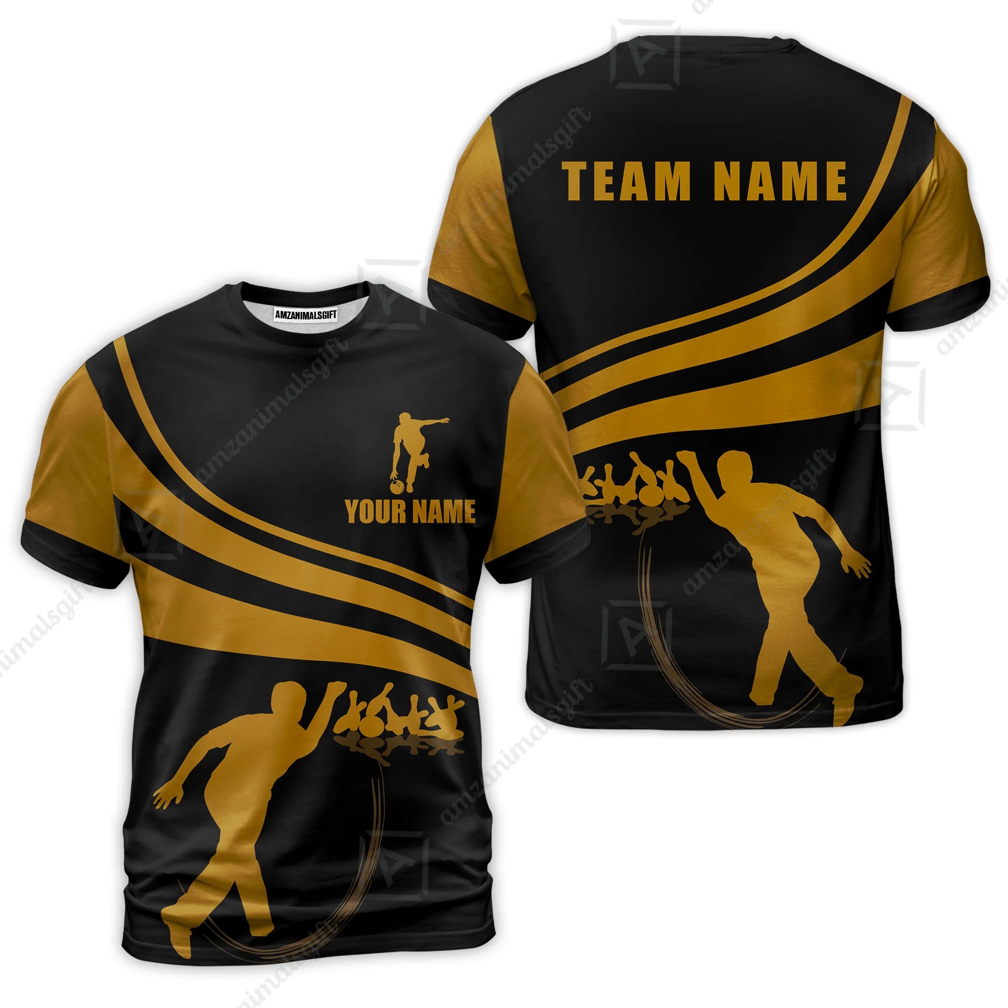 Bowling Custom Name T-Shirt - Black and Gold Men Bowlers Personalized T-Shirt - Image 2