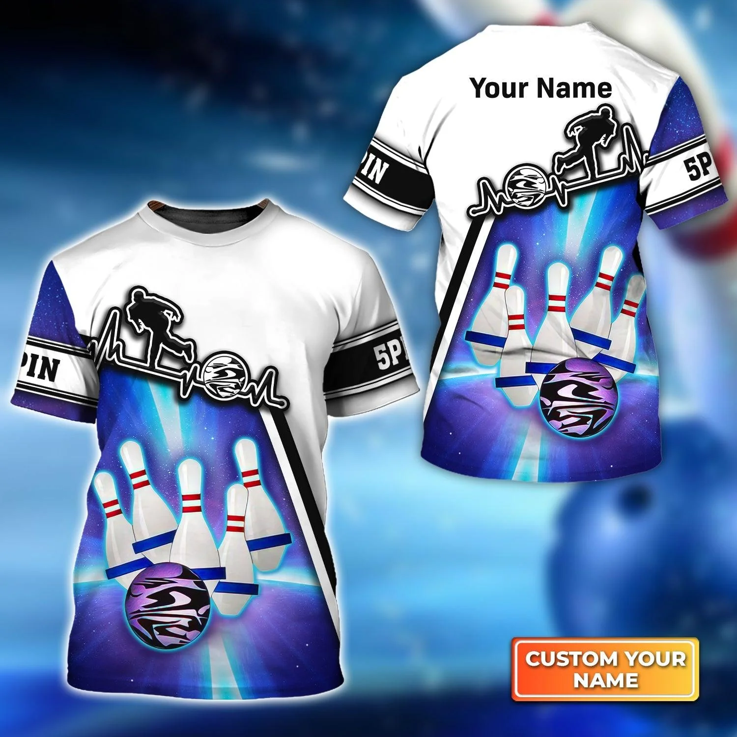 Bowling Custom Name T Shirt, Blue Bowling 5 Pins Personalized Name T-Shirt For Men, Perfect Gift For Bowling Lovers, Bowlers, Team, Friend