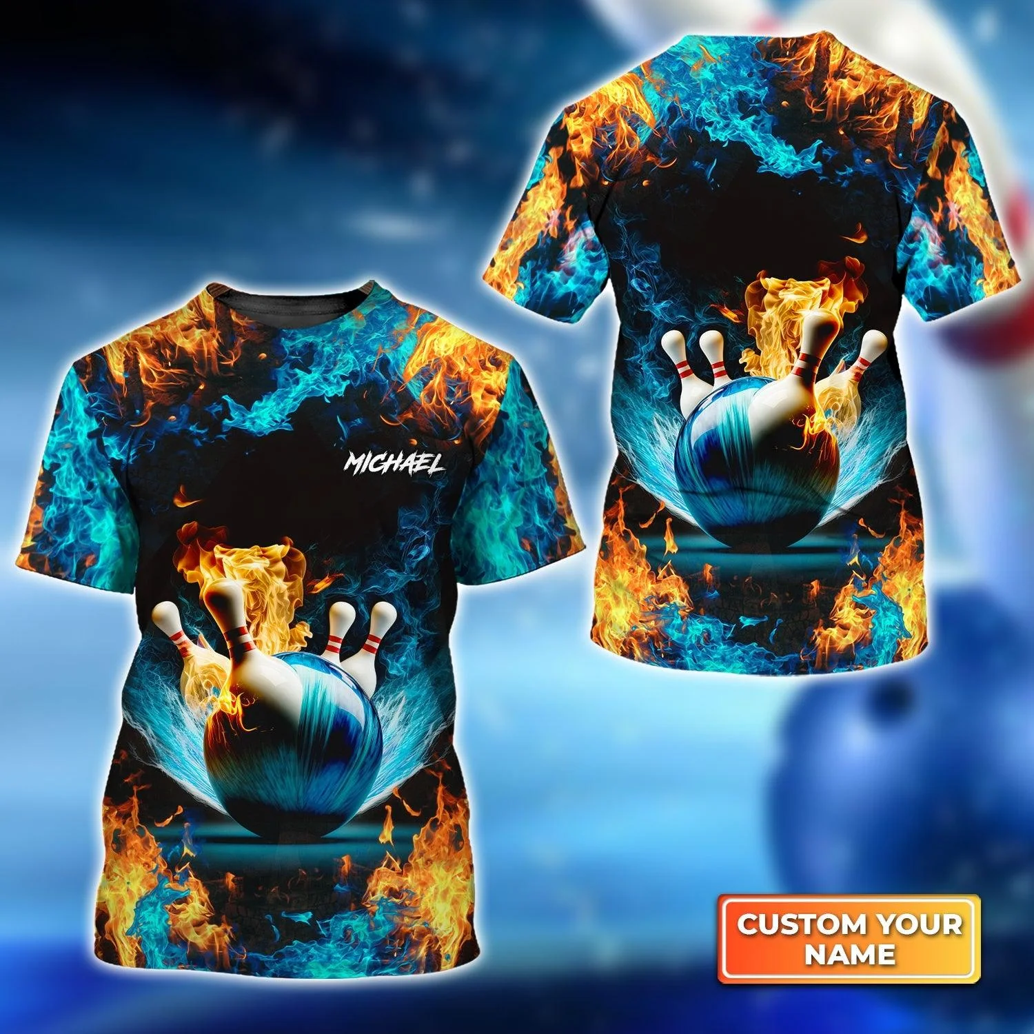 Bowling Custom Name T Shirt, Blue Bowling Ball And Pins On Fire Personalized T-Shirt For Men, Perfect Gift For Bowling Lovers, Bowlers, Team, Friend