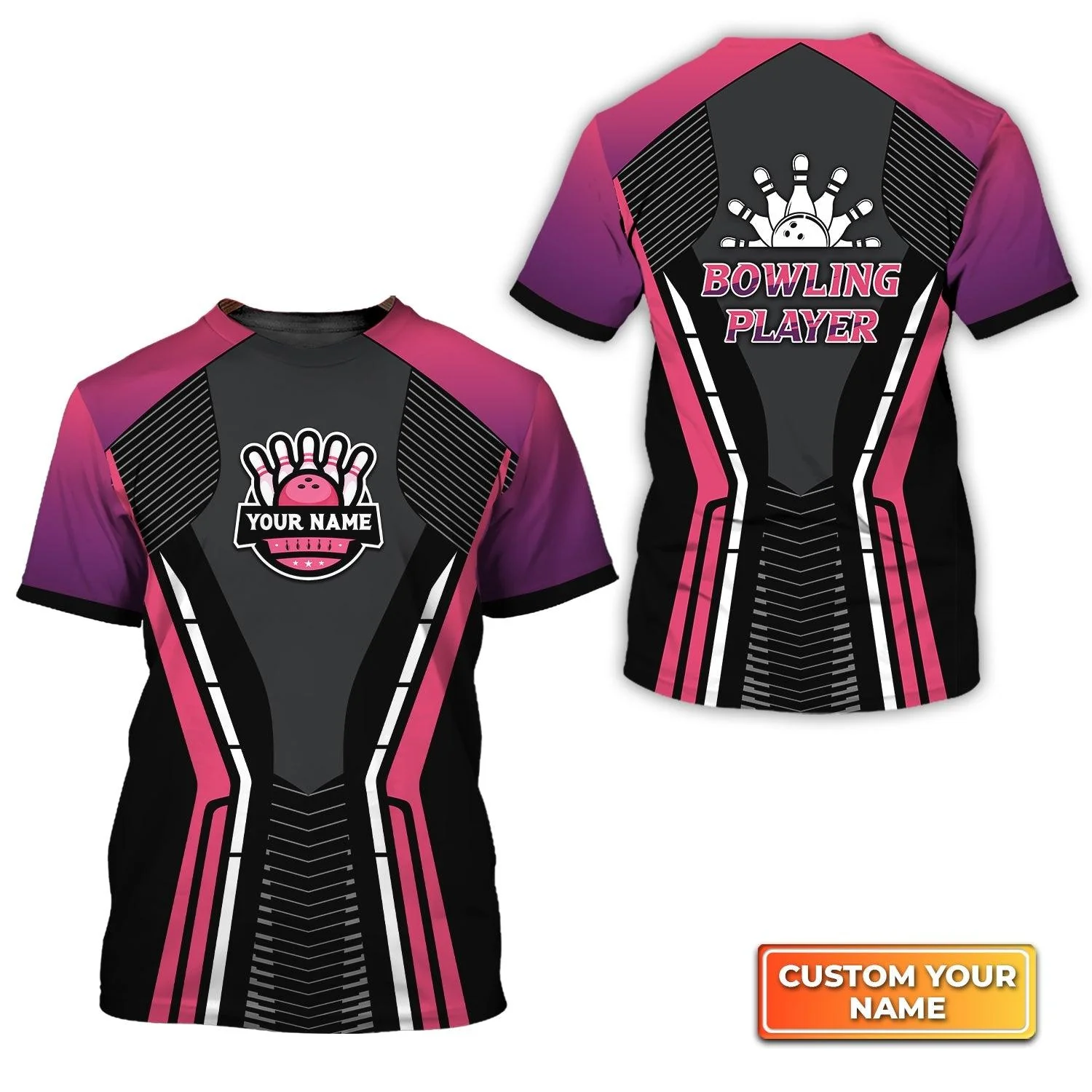 Bowling Custom Name T Shirt, Bowling Strike Black Pink Personalized T-Shirt For Men, Perfect Gift For Bowling Lovers, Bowlers, Team, Friend - Image 3