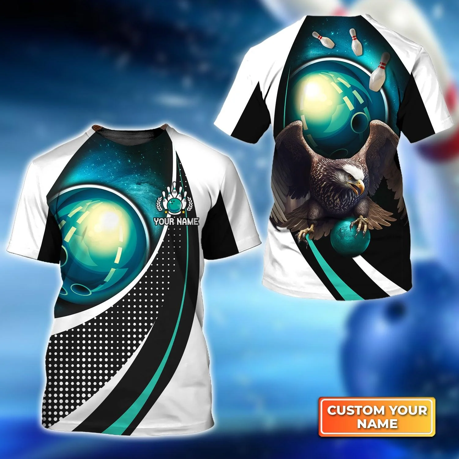 Bowling Custom Name T Shirt, Eagle Bowling Team Blue Bowling Ball Personalized Name T-Shirt For Men, Perfect Gift For Bowling Lovers, Bowlers, Team