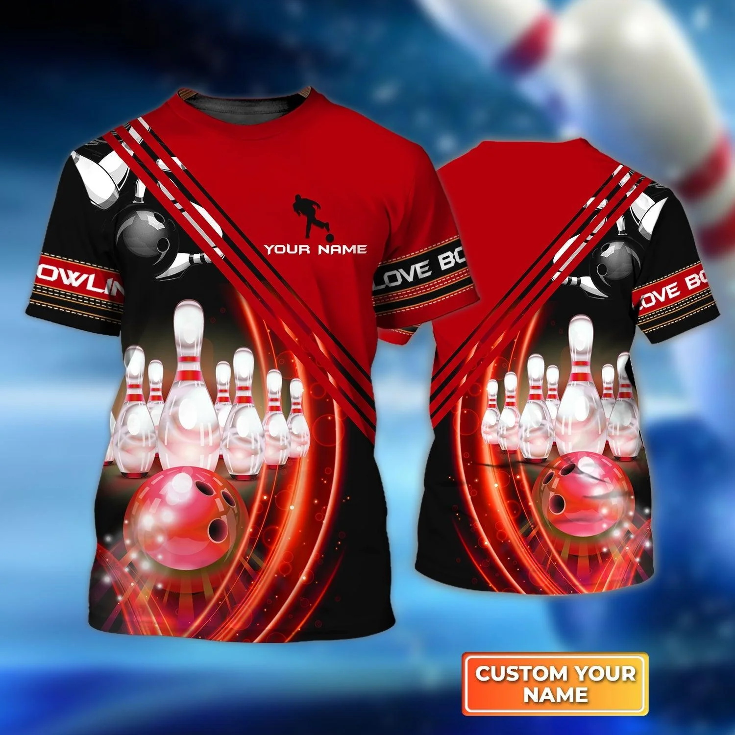 Bowling Custom Name T Shirt, Red Bowling Ball in Motion and the Pins Personalized T-Shirt For Men, Perfect Gift For Bowling Lovers, Bowlers, Team