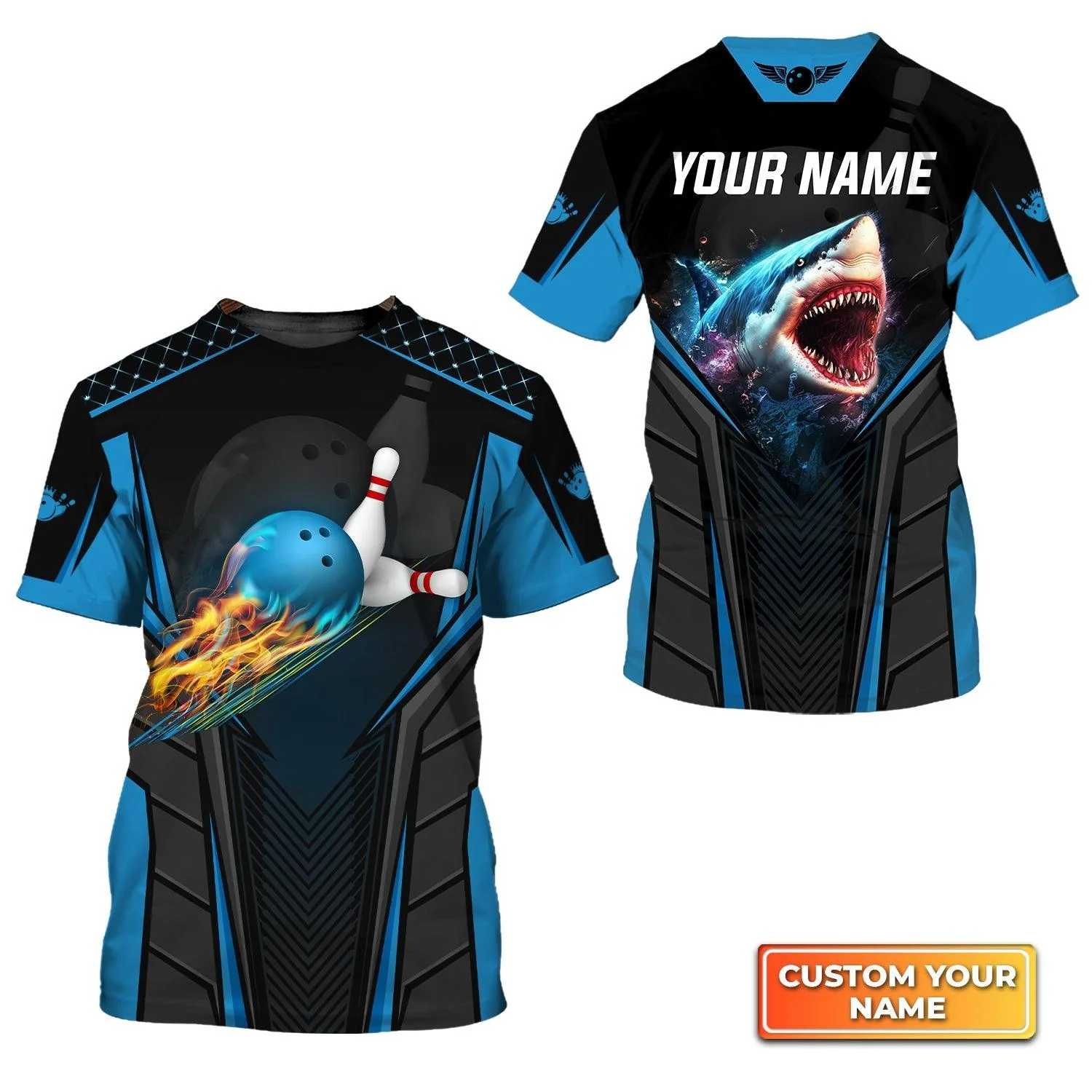 Bowling Custom Name T Shirt, Shark Team Blue Bowling Ball Personalized Name T-Shirt For Men, Perfect Gift For Bowling Lovers, Bowlers, Team, Friend - Image 3