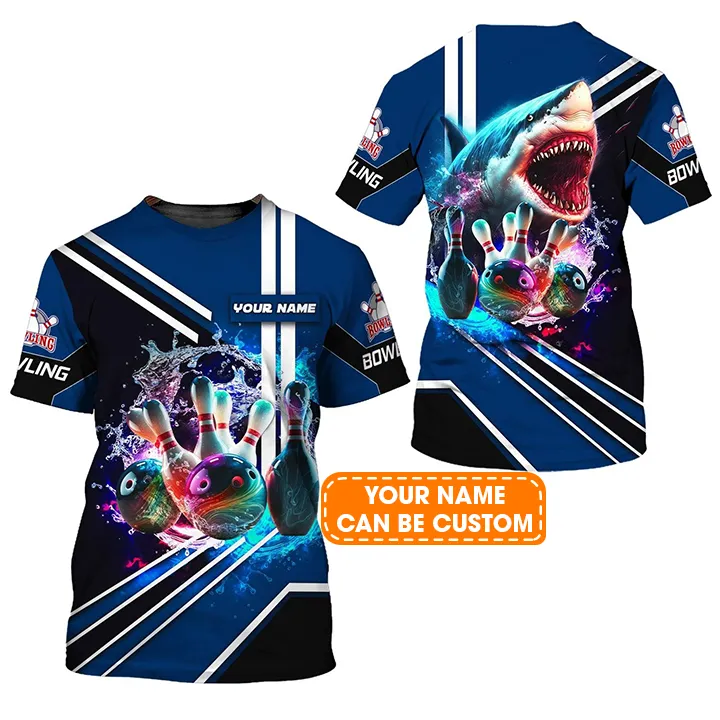 Bowling Custom Name T Shirt, Shark Team Rainbow Bowling Ball And Pins On Water Personalized T-Shirt For Men, Perfect Gift For Bowling Lovers, Bowlers - Image 2
