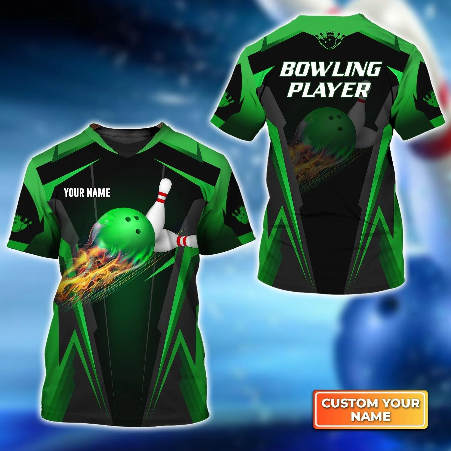 Bowling Custom Name T Shirt, The Green Bowling Ball in Flames Breaks White Skittles Personalized T-Shirt For Men, Gift For Bowling Lovers, Bowlers