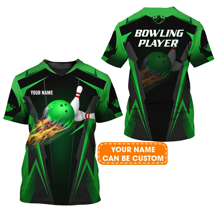 Bowling Custom Name T Shirt, The Green Bowling Ball in Flames Breaks White Skittles Personalized T-Shirt For Men, Gift For Bowling Lovers, Bowlers - Image 2